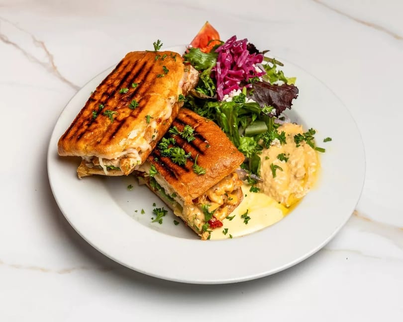 Grilled panini sandwich with melted cheese, served with a side salad and hummus on a white plate.