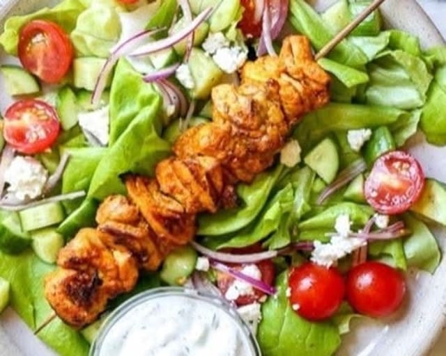 Saffron Chicken Kabob Salad.